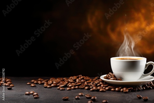 Coffee bean background with cup of espresso on right side in wide banner with space