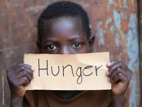 Uma criança escreve no papel "Fome" e pede ajuda. Retrato de uma sociedade desigual e pobre.