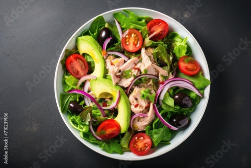 Healthy tuna salad with lettuce tomatoes avocado and onions French cuisine style top view flat lay