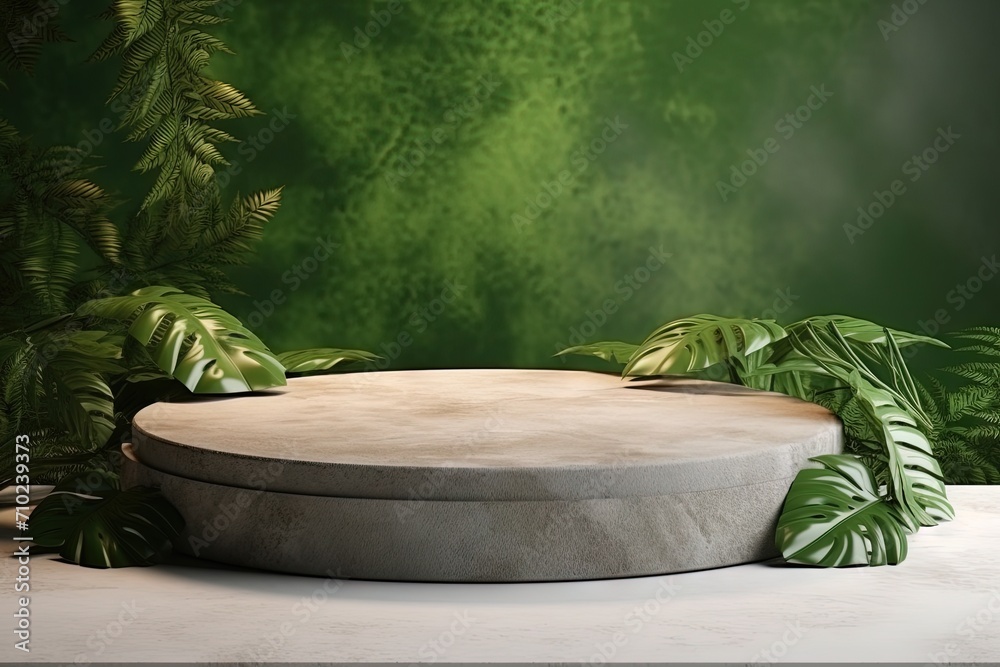 Mock up pedestal with natural stone and concrete podium on a green background for product presentation specifically for packaging and cosmetics with a s Mock up pedestal with natural stone and concrete podium on a green background for product presentation specifically for packaging and cosmetics with a s
