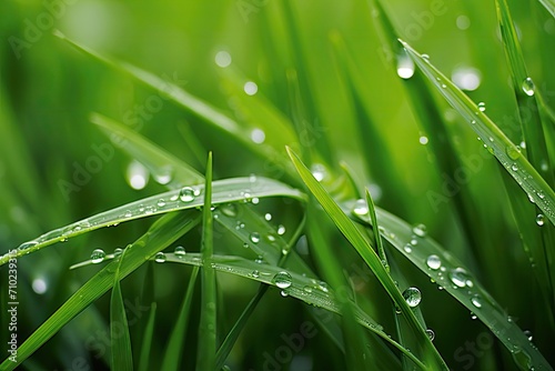 Macro rain brings fresh eco green dew to grass