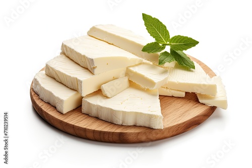 Fresh white cow s milk cheese sliced on a white background