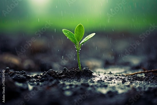 Rainy ground with green seedling growing