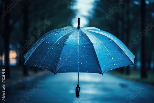 Rainy weather with blue umbrella in a banner format