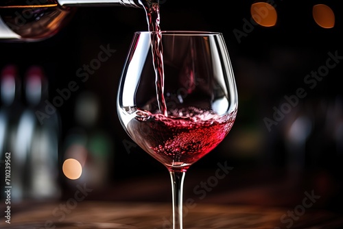 Red wine pouring into glass in close up view