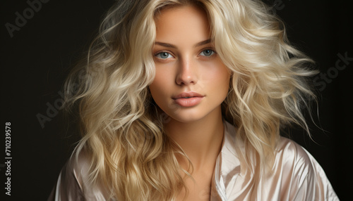 Blond haired woman exudes beauty, sensuality, and elegance in close up portrait generated by AI
