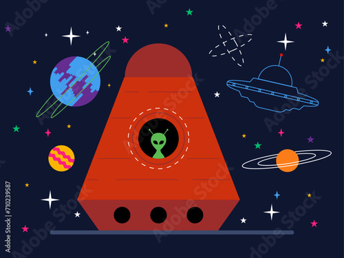 Aliens riding UFOs. Outer space and astronaut vector illustrations. photo