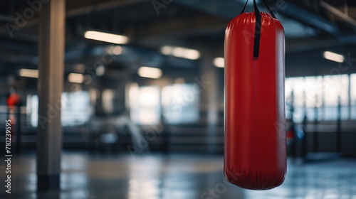 Red punching bag hanging in the gym. photo