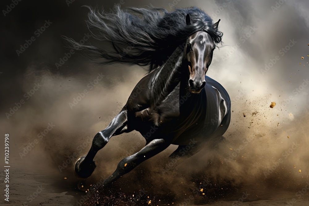 Black horse running through dusty clouds of darkness Black horse running through dusty clouds of darkness