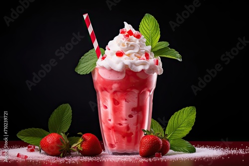 Strawberry frappuccino milkshake whipped with cream, sorbet, syrup, and sherbet, presented separately on a white background. photo