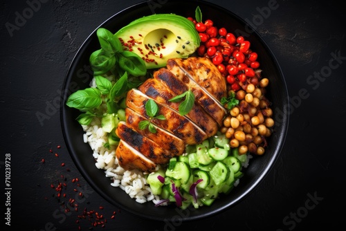 Tasty well balanced Buddha bowl with grilled chicken rice spicy chickpeas avocado cabbage and pepper viewed from top on dark background