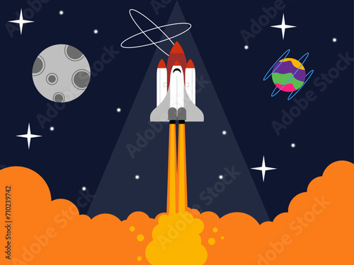 Rocket taking off from outer planet.. Outer space and astronaut vector illustrations. photo