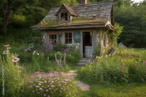 a tiny cottage in a meadow adorned with a bohemian floral motif. Generative AI