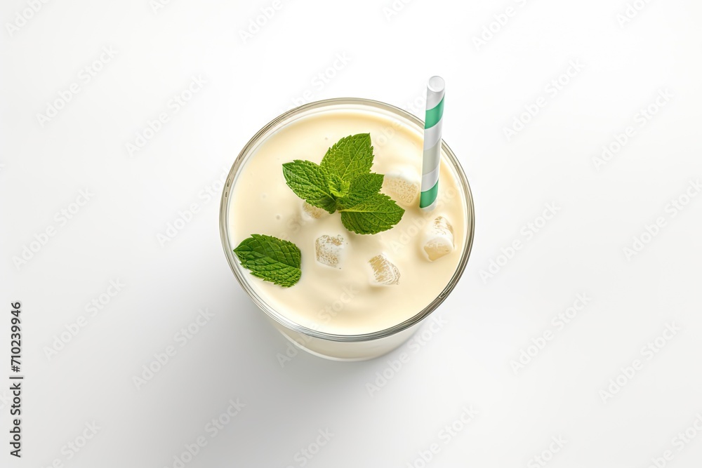 Top view of a glass containing a banana milkshake or smoothie, accompanied by a drinking straw and mint leaves, all placed on a white background. Top view of a glass containing a banana milkshake or smoothie, accompanied by a drinking straw and mint leaves, all placed on a white background.