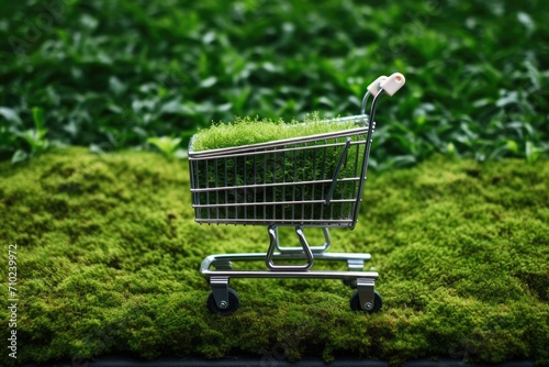 Top view of a shopping cart on green grass with a mossy background minimalism and creative design focusing on shopaholism ecology sustainable lifestyle and conscious consumption