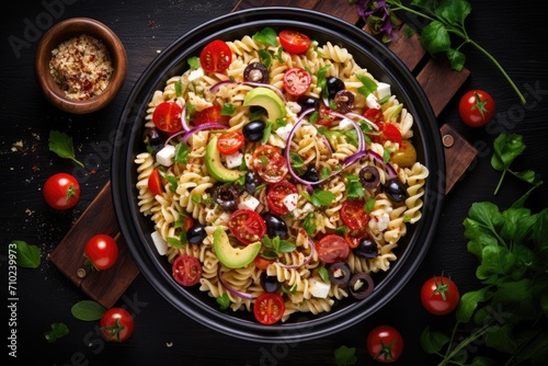 Top view of a Mediterranean pasta salad with tomato avocado black olives red onions feta cheese