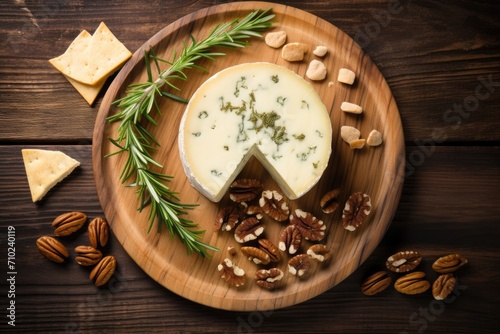 Top view of a wooden board with cheese rosemary and nuts
