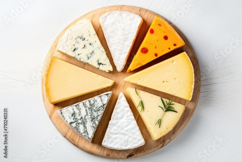 Variety of cheeses with different flavors displayed on a rustic white wooden background offering free space for text