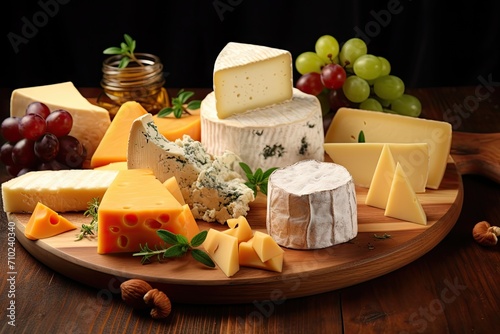 Various types of tasty cheese on a wooden table