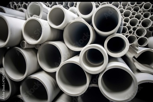 Background of plastic pipe with stacked PVC pipes for water and drainage systems. Generative AI