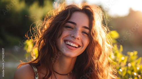 Beautiful woman smiling showing white teeth, black background 