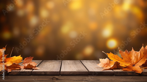 wooden table with autumn leaves blurred background