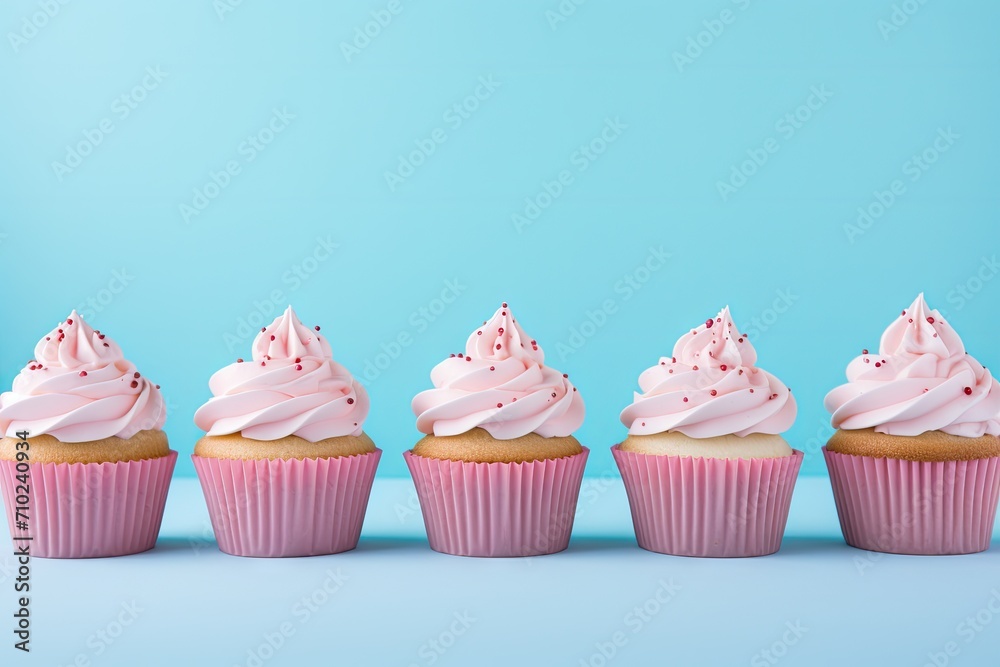 Light blue background with pink frosted cupcakes Light blue background with pink frosted cupcakes