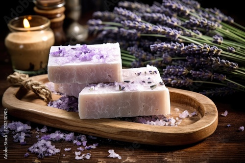 Lavender soap and salt displayed on wooden board
