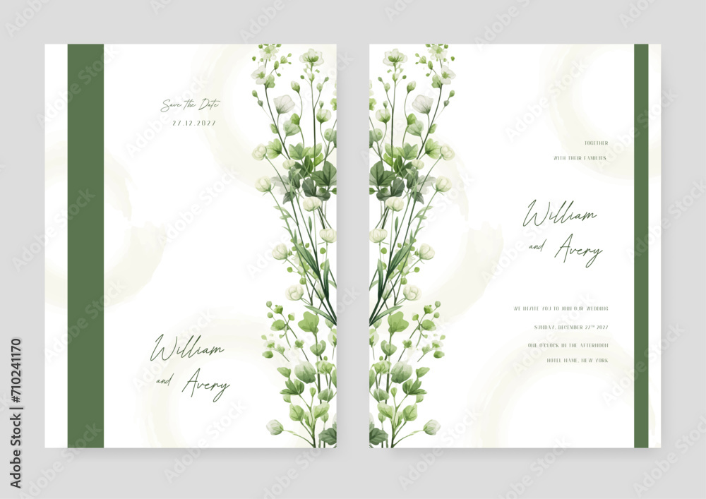 White cosmos artistic wedding invitation card template set with flower decorations. Wedding invitation floral watercolor card background