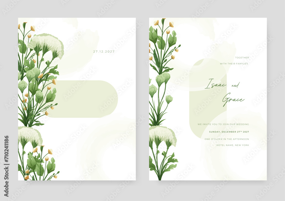 Green and white chrysanthemum floral wedding invitation card template set with flowers frame decoration. Wedding invitation floral watercolor card background