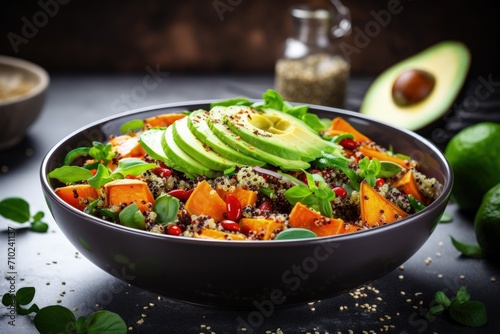 Making a nutritious salad with quinoa avocado sweet potato beans herbs and spinach on a rustic background for a clean healthy vegan vegetarian meal photo