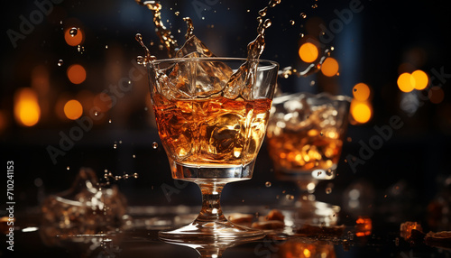 Whiskey glass reflects luxury, celebration, and nightlife in the bar generated by AI