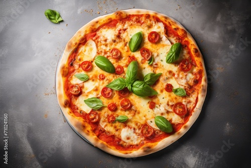 Margherita pizza from Italy with cheese tomato sauce and basil on a gray concrete table seen from above