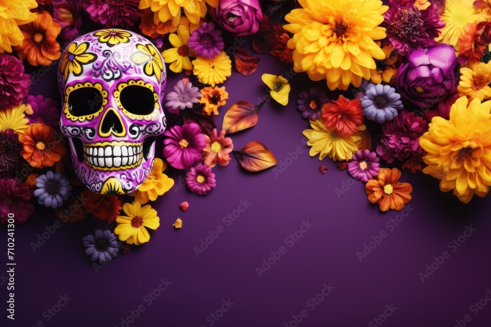 Mexican culture festival flyer with Day of the Dead background sugar skull marigold flowers and purple copy space Mexican culture festival flyer with Day of the Dead background sugar skull marigold flowers and purple copy space