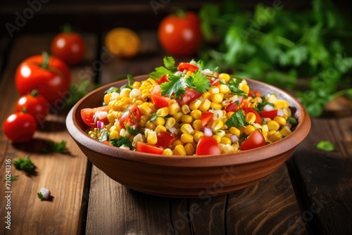 Mexican corn salad on rustic wooden table