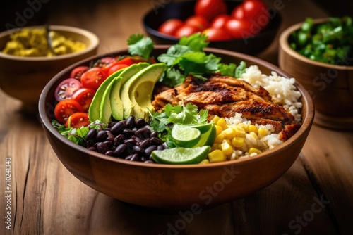 Mexican style chicken salad bowl with rice beans corn tomato avocado and spinach photo
