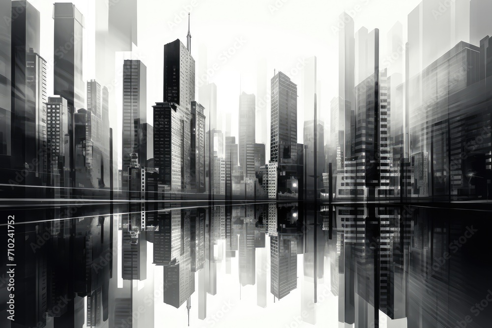 Fototapeta premium Modern art Retro inspired creative design Monochrome cityscape of tall buildings Symbolizing creativity surrealism imagination futuristic scenery Poster
