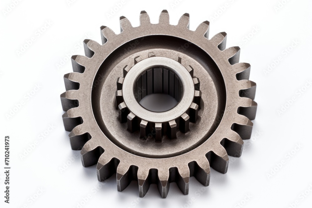 Motorcycle gear reduction ratio isolated on white background with old metal gear wheel or pinion part Motorcycle gear reduction ratio isolated on white background with old metal gear wheel or pinion part