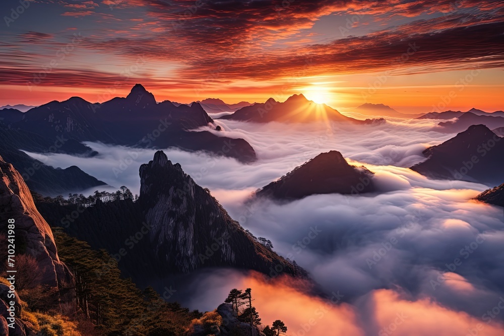 Naklejka premium Mountain at dawn surrounded by clouds