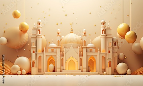 3d ramadan background with gold star and decorations, in the style of light orange and light beige, kitsch aesthetic, atey ghailan, white and gold, website, captivating, detailed world-building photo