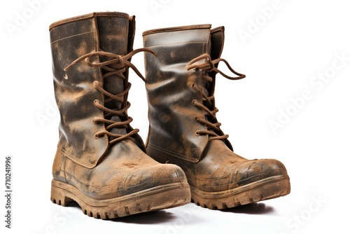 Muddy boots isolated on white background
