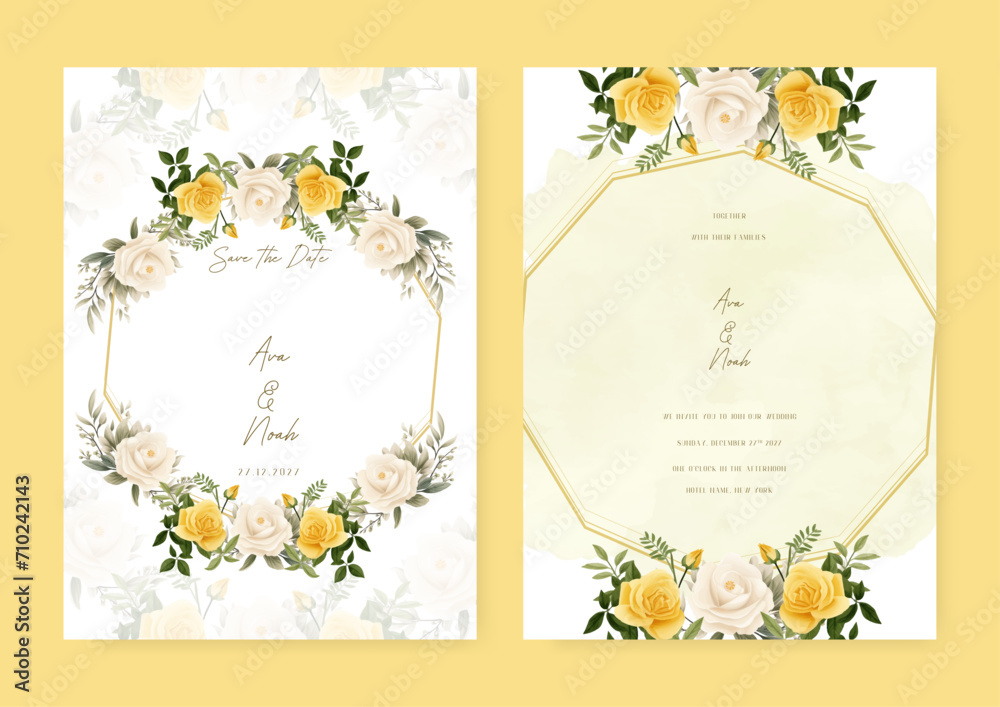 White and yellow rose elegant wedding invitation card template with watercolor floral and leaves. Wedding invitation floral watercolor card background