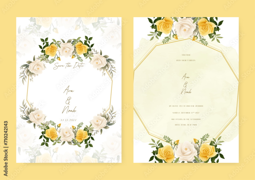 White and yellow rose elegant wedding invitation card template with ...