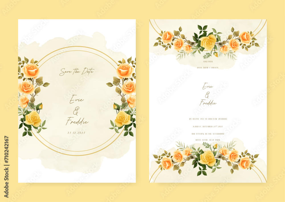 Yellow rose luxury wedding invitation with golden line art flower and botanical leaves, shapes, watercolor. Wedding invitation floral watercolor card background