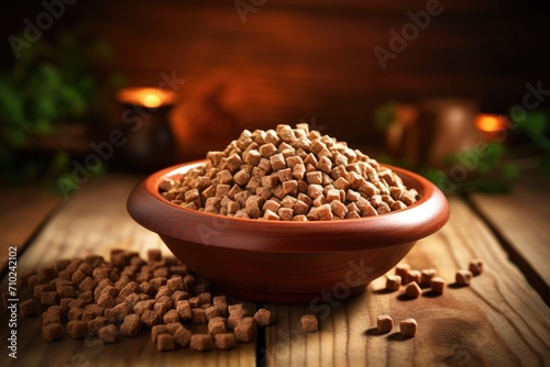 Natural canine nourishment on wooden backdrop photo