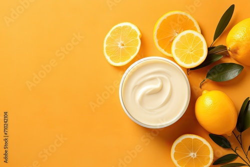 Natural face mask ingredients for glowing and healthy skin Top view of yogurt lemon and honey on orange background Beauty skincare concept Flat lay Copy space photo