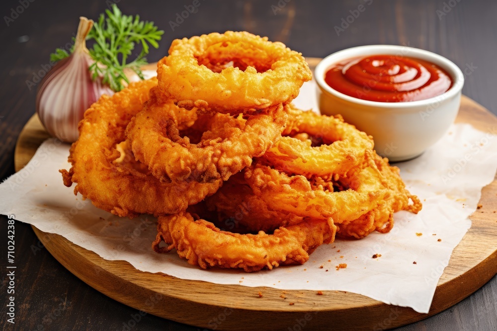 Onion rings with ketchup on cutting board Onion rings with ketchup on cutting board