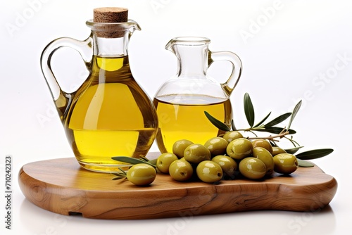 Olive oil in two glass containers with harvested olives on a white background