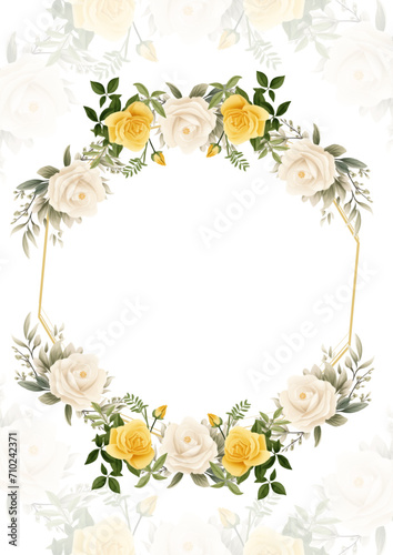 Fototapeta Naklejka Na Ścianę i Meble -  White and yellow wreath background invitation template with flora and flower