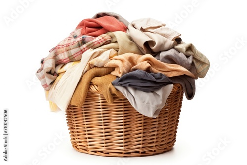 Overflowing laundry basket isolated on white background with clothes